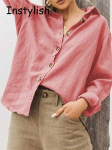 女性のブラウスシャツ女性ヴィンテージハラジュクボタンアップシャツカジュアルな長いスレッドソリッドコットンとリネンブラウスエレガントな特大のトップスストリートウェアチュニックD240507