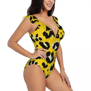 Kvinnors badkläder Kvinnor Yellow Leopard Print One Piece Sexig Ruffle Swimsuit Summer Beach Wear Slant Bathing Suit