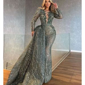 Mermaid Prom Dresses Long Sleeves V Neck Appliques Sparkly Strapless Sequins Floor Length Beaded Pearls Evening Dress Bridal Gowns Plus Size Custom Made 0431