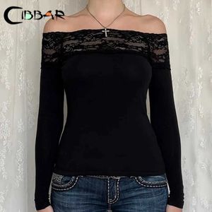 Women's T-Shirt CIBBAR black lace patchwork diagonal collar crop elegant and sexy long sleeved T-shirt Harajuku Y2k autumn basic T-shirtL2405