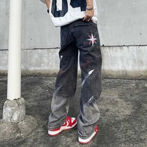 S 2022 Splash Ink Star Emelcodery Vintage Grey Backgy Jeans Jeans Prants прямо свободные женщины хип -хоп.