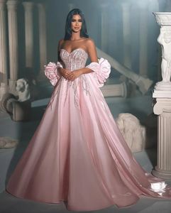 2024 Pink Sweetheart Hochzeitskleid Prinzessin Eine Linie Satinperlen Pailletten Brautbrautkleider mit Handgelenk Corsages Custom Made Vestios de Novias