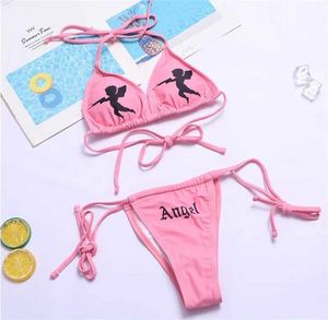 Women's Swimwear Women 2pcs Bikini Set Push Angel Halter Back Tie-Up Bra Side Strappy Letter Bikini 2022 Summer Ladies Sexy Beach Swimwear Y240506