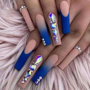 False Nails 24pcs Matte Fake Nails Extra Long Ballerina Coffin Dark Blue Colorful Rhinestone Decals False Nails with designs Nail Art T240507