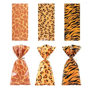 Hediye sargısı 50pcs orman hayvan tedavisi şeker çantası vahşi zürafa çita kaplan baskı plastik bisküvi paketleme safari doğum günü partisi
