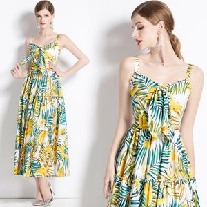 Landebahn Vintage Bananas Blätter Print Damen Damen Midi Long Sundresses Fliege Krawatte ärmellose Freizeitparty Abend Urlaub Neuankömmling Sommer Großhandel Dropshipping