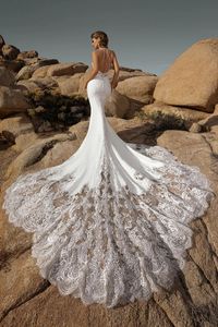 2024 Sexig sjöjungfru bröllopsklänning för brudhalter spetsapplikationer backless svep tåg sommar boho brudklänningar klänningar vestidos de noivas
