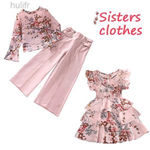 Abiti abbinati in famiglia New Summer Girls Sister Outfit 4-11 anni Sister Sleeveless Pink Floral Vacate Abito da festa Stampata Casual Daily Party D240507