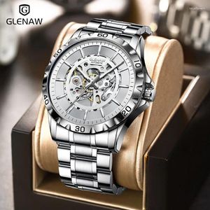ساعة معصم Glenaw Skeleton Watch Mechanical Watch الفولاذ المقاوم للصدأ رجل مقاوم للماء يشاهد Top Sport Male Tomant Wrist
