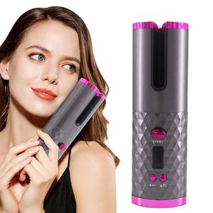 Curling Irons Cordless Automatic Rotating Ceramic Curler USB Laddning Curling Iron LED Display Temperaturvåg Q240506