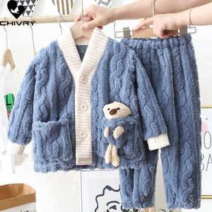 Pajamas New 2023 autumn and winter childrens thick flannel pajamas baby boys and girls cartoon bear casual pajama set pajamasL2405