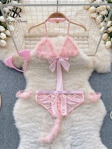 Singrainy Feather Cosplay Sexy Bra Briefing Set Halter Sheer Lingeriethong Sweet Eric Porn Outfit Backless Nightwear 240425