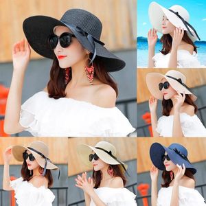 Cappelli larghi cappelli estivi per cannuccia per donne floppy frappy bowknot cierima solare UPF 50 Sun Beach pieghevole Bacino da campeggio all'aperto