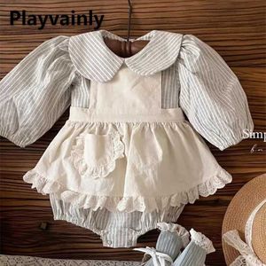 Clothing Sets New Spring Autumn Baby Girl Jumpsuit Set Peter Pan Collar Stripe Shirt Bodysuit+ Beige Lace Straps Dress Newborn Clothes H240507