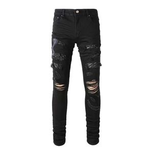 Jeans Mens snake embroidered jeans thin tapered elastic denim pants street clothing holes torn leather patches work patches black J240507