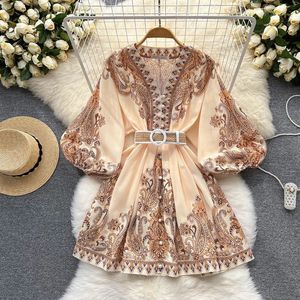 Bohemian Vintage Women Mini Dress French Style V Neck Flare Sleeve Button Belt High Waist Empire Summer Spring Pullover Vestido 240426