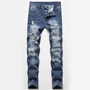 Men's Jeans European and American Trendy Mens Denim Jeans Straight Beggars Torn Holes Nostalgic High Strt Personality Ruined Pants Y240507