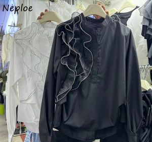 Bluzki damskie Neploe francuskie panelowe panele niszowe marszona koszulka krawędzi Kobiety długie rękawy luz luźne 2024 lato jesienne Korea Blusas Camisas de Mujer