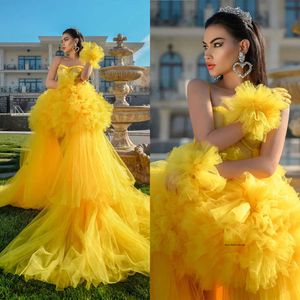 Gorgeous Yellow Prom Dresses Tulle Lace Ruffle Photo Robes Evening Sweep Train Plus Size Bridal Gowns Custom Made 0431