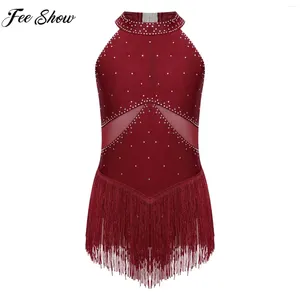 Stage Wear Children Girls Figure Skating Dress Latin Dance Tango Cha-Cha Samba Leotard Sleeveless Rhinestone Mesh Tassel Bodysuit Dancewear