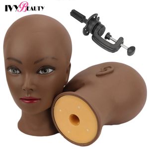 Kvinnlig skallig mannequinhuvud med standhållaren kosmetologi Practice African Training Manikin Head For Hair Styling Wigs Making 240507