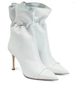 Boots Autumn Ruched Elasticated Ankles Straps Crossing The Toe Caps Pointed Stiletto Women's Solid White Designer High