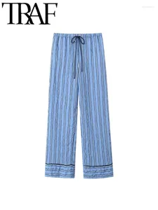 Kvinnors byxor mode randiga kvinnor bred 2024 Summer Drawstring Elastic High midja pyjamas stil lös byxa kvinnliga byxor y2k