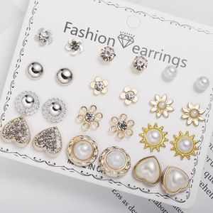 Stud Earrings 12 Pairs/Lot Heart Flower Set For Women Rhinestone Pearl Sun Star Girls Party Jewelry Gift Wholesale