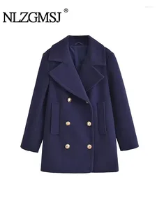 Women's Jackets Nlzgmsj 2024 Lapel Single Breasted Dark Blue Waistcoats For Women Long Sleeve Loose Thick Wram Female Elegant Coat