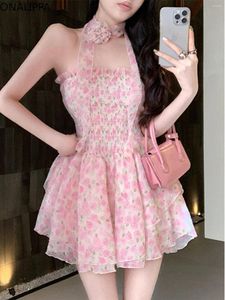 Lässige Kleider Onalippa Elastizier Brust Blumen Chiffon Kleid trägerloser Schnürung Multi -Rüschen Kuchen französische Stil Holz Ohr Saum Vestidos