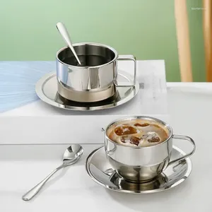 Tassen 180 ml/200 ml Kaffeetasse Doppelschicht widerstandsfähige Edelstahltee mit Teller und Löffel