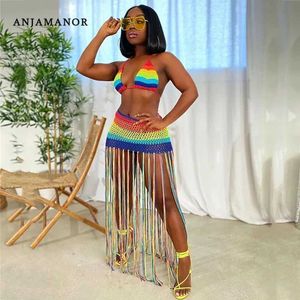 Two Piece Dress ANJAMANOR Rainbow Crochet Tassel Sexy 2 Piece Set Crop Top and Skirt Beach Party Club Birthday Outfits for Women D48-DF23 T240507