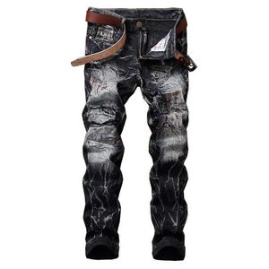 Men's Jeans Denim Jeans Four Season Mens Ripped Pattern Old-fashioned Straight Pants Design Retro Trendy Ruined Stitching Plus Size Y240507