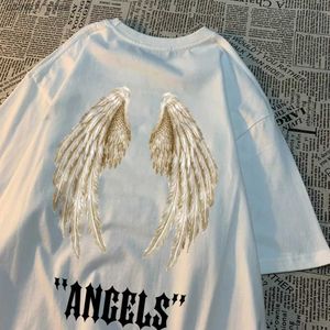 Camisetas masculinas anjo um par de asas enormes padrão preto mass camisetas hip hop roupas de verão desenhos animados de moda tops algodão golpe h240507