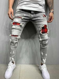 Men's Jeans Distress Plaid Patch Holes Street Clothing Tear Tight Jeans Mens Bicycle Ultra Thin Elastic Denim Cargo Pants Y2K Pantalones Homebre JoggerL2405