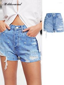 Kvinnors jeans sommar denim korta kvinnor hög midja mode pärlpärlor hål rippade ljusblått för flicka