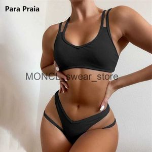 Women's Swimwear Para Praia 2024 Black Bandeau Swimsuit Women Cut Out Hollow Bikini Set Sexy Solid Brazalian Bathing Suit for H240529