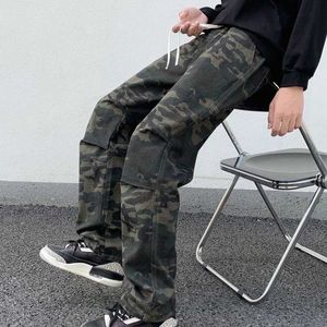 Men's Jeans New American High Strt Drawstring Camouflage Denim Jeans Mens Straight Personalized Trend Straight Loose Pants Plus Size Y240507