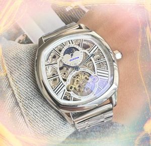 Business trend highend fine stainless steel watches Men Automatic Mechanical Clock Day Date Time stopwatch retro Hollow Skeleton Dial Wristwatch Gifts