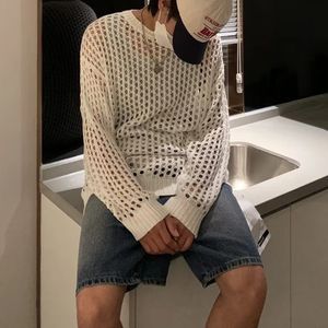 Casual Pullovers Hollow Out Outfits Fishnet Smock Tops Men Fashion Loose Long Sleeve See-though Knit Shirts Y2k Sexy Holes Shirt 240506