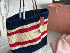 Fashionable Women Summer Beach Bag Knitted Woven Lafite Straw Bag Large Capacity Tote Bag Luxury Designer M Genuine Leather Shoulder Strap Shopping Bag