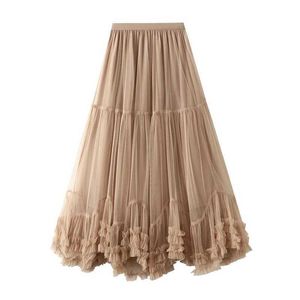 Kjolar köper koreansk version av kvinnors mesh kjol med överdimensionerad hemdesign söt trä öron spets a-line stor hem fluffig kjol Q240507