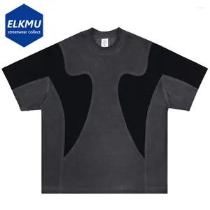 Men's T Shirts Hi Street Men Shirt Color Block Splicing Tee 2024 Summer Hip Hop Streetwear Oversized Harajuku Black Loose Cotton Top