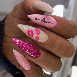 False unhas 24pcs glitter amêndoas falsas unhas longas estiletto unhas falsas com designs vermelhos de lábios