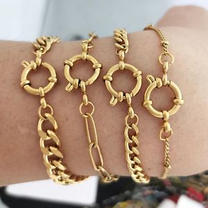 QMHJE Stainless Steel Bracelet Women Men Anchor Clasp Beads Chain Sailor Wheel Geometric Link Basic DIY Gold Silver Color Punk 240423