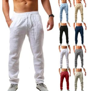 Calça esportiva casual da moda masculina algodão elástico de algodão e linho calças de cor sólida 240419
