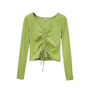 Frauen T-Shirt New 2024 Spring Womens T-Shirts Ladies V-Neck-Kernpullover Fe Slim Dünn feste Basis T-Shirt Avocado Green Strick-Tops D240507