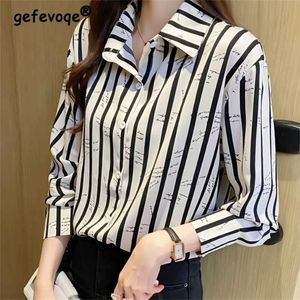 Kvinnors blusar skjortor kvinnor koreanska mode randiga leopardtryck eleganta skjortor kontor lady affärs casual bluses lapel long sle tops löst blusa d240507