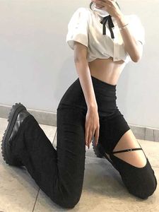 여성용 바지 Capris 여자 검은 종 바닥 바닥 바지 고관절 랩 랩 아웃 비대칭 카프리스 캐주얼 하이 허리 의류 단색 스프링 y240504