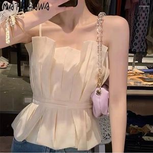 Kvinnors tankar Matakawa Mesh Slash Neck T -shirt för kvinnor Solid Folds Korean Fashion Elegant Ropa de Mujer Beach Style Sweet Short Tank Tops